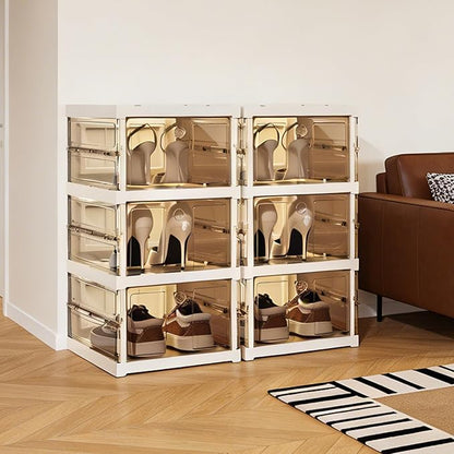 Foldable Collapsible Shoe Box Organizer Rack – 3 Tier Stackable Clear Sneaker Storage Boxes with Lids, Folding Shoe Cabinet Shelf, Plastic Portable Storage Bins with Easy Assembly for Closet Entryway