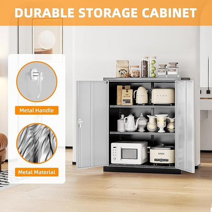 INTERGREAT Metal Garage Storage Cabinet, 36" Locking Counter Cabinet with 2 Locking Doors and 2 Adjustable Shelves, Small Steel Cabinet for for Home Office, Gym, School(New Grey)