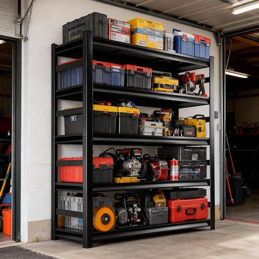 Garage Shelving Unit, Heavy Duty Metal 5-Tier Adjustable Storage, Steel Shelves, Industrial Shelves for Heavy Tools and Equipment, Ideal for Garage Basement, Black