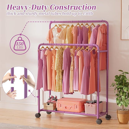 Simple Trending Clothing Clothes Rack Double Rods with Wheels, Rolling Metal Garment Rack for Hanging, Purple