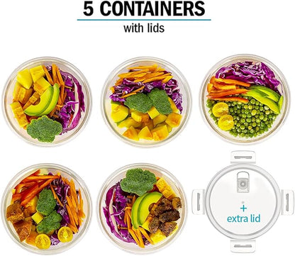 Igluu Meal Prep Round Glass Containers with Air Vent Lids (5 Pack+Extra Lid) – Airtight & BPA-Free – Oven, Microwave, Freezer and Dishwasher Safe – 32oz – Durable Borosilicate Glass