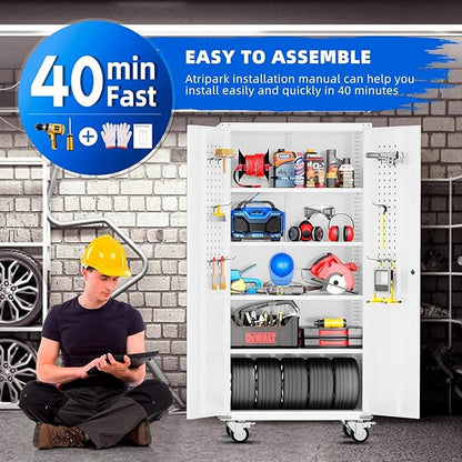 INTERGREAT Metal Garage Storage Cabinets, Lockable Rolling Tool Cabinet with Pegboard and Shelves, 75" Tall Heavy-Duty File Cabinet with Wheels for Garage, Basement, Warehouse, White