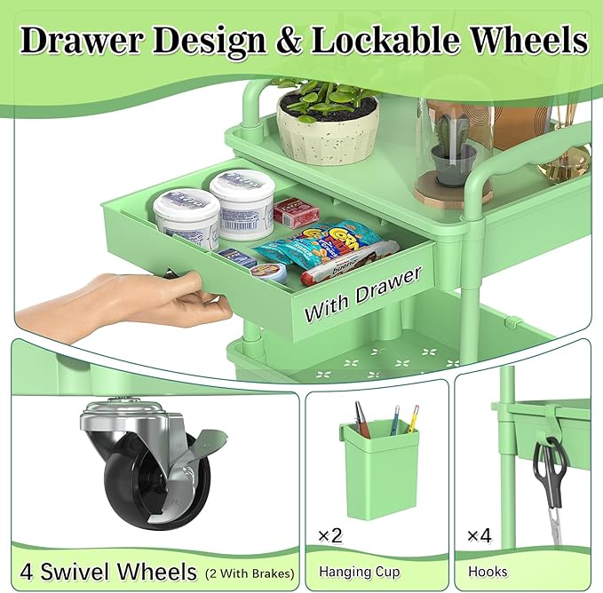 4 Tier Rolling Utility Cart with Drawer, Storage Organizer Cart with 2 Lockable Wheels, Multifunctional Rolling Storage Cart for Bathroom, Kitchen, Craft, Makeup, Baby Essentials, Green