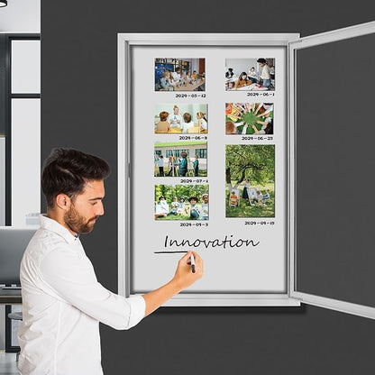 INNOVART Enclosed Bulletin Board 36”x24”, Lockable Dry Erase Noticeboard with Aluminum Frame, Outdoor Enclosed Whiteboard Weatherproof, Wall Display Case with Swing-Open Door Information Cabinet