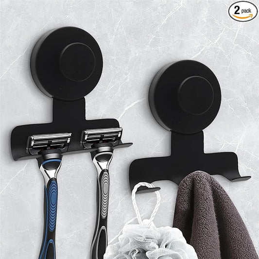 Suction Cup Razor Holder for Shower,Heavy-Duty 7KG Suction Hooks for Razor,Towel,Loofah,Removable Damage-Free Metal Shower Hook,Shaver Holder,2 Pack(Matte Black)