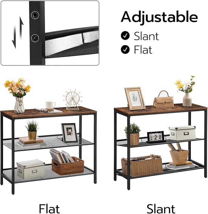 HOOBRO Console Table, Sofa Table with 2 Flat or Slant Adjustable Mesh Shelves, Hallway Table and Sideboard in Entryway, Living Room Corridor, Easy Assembly, Industrial, Rustic Brown and Black BF01XG01