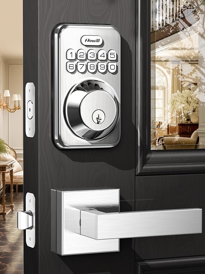 Zowill Keyless Entry Door Lock with 2 Lever Handles, Electronic Keypad Deadbolt, Auto-Locking, Anti-Peeping Password, Digital Code Door Lock, Front Door Handle Sets, Satin Nickel