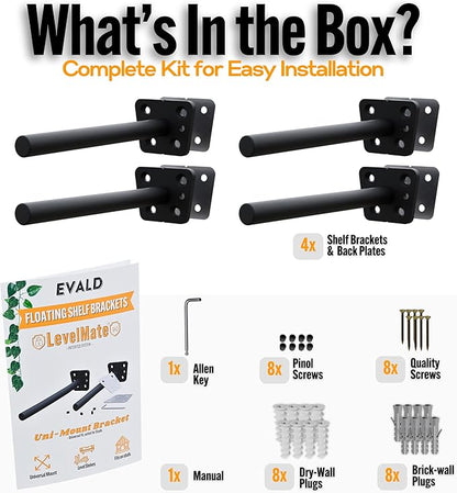 EVALD LevelMate™ 6-Inch Uni-Mount Floating Shelf Brackets | Hidden Black Carbon Steel Wall Supports for Wood Mantel, Kitchen Shelving, Bookshelves & Office Décor | Anti-Sag Pinol Screw System (4 Pack)