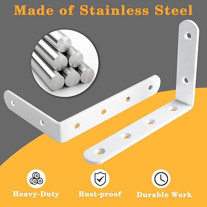 Alise 8 Pack Floating Shelf Brackets,White Heavy Duty L Bracket Corner Brace,Stainless Steel Corner Brackets,Joint Angle Bracket for Hanging Support,Shelves Support DIY (5 x 3 Inch)