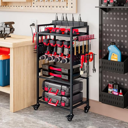 Large Power Tool Organizer Cart with Charging Station, Garage Floor Standing Rolling Drill and Tools Battery Storage Cart on Wheels, Heavy Duty Utility Rack Shelf for Men, Husband, Father.