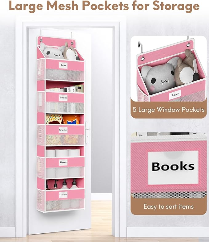 Over The Door Organizer Hanging, 5 Shelf Behind The Doors Storage, Pantry Door Organizer, Closet Organizers for Bedroom and Nursery (Pink)
