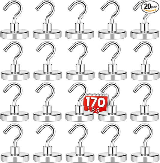 DIYMAG Magnetic Hooks, 170 LB Heavy Duty Strong Magnet with Hook, Rare Earth Neodymium Magnets for Hanging, Magnetics Hanger for Curtain, Home, Kitchen, Workplace,Silver 20 Packs