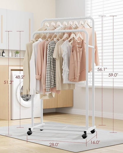Clothes Rack - Clothing Rack with Storage Mesh Shelf & Casters, Heavy-Duty Metal Clothing Rack for Hanging Clothes, Dresses, Coats, Large Load Capacity, Easy Assembly, White, 28.0"x16.0"x59.0"