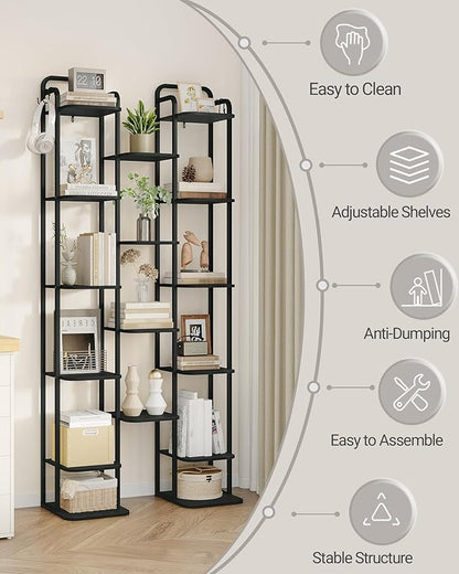 Vertical Shoe Rack, Shoe Shelves, Wood Shoe Organizer for Closet, Entryway, Shoe Tower for Small Spaces, Free Standing, Adjustable, with 2 Hooks, 10 Tier Black SR11204B