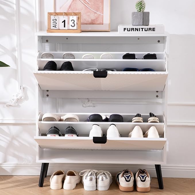 Shoe Cabinet Storage, Farmhouse Freestanding Organizer with 2 Flip Drawers and 4 Wooden feet, Narrow Shoe Rack Cabinet for Entryway, Foyer, Hallway, White