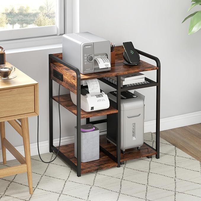 Livofloral Large Printer Stand for Home Office, 23.6 x 18.9 Inch Printer Stand with Power Outlet USB Port, Printer Table with Storage Shelf, Printer Shredder Stand with Wheels, Rustic Brown