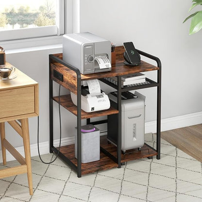 Livofloral Large Printer Stand for Home Office, 23.6 x 18.9 Inch Printer Stand with Power Outlet USB Port, Printer Table with Storage Shelf, Printer Shredder Stand with Wheels, Rustic Brown
