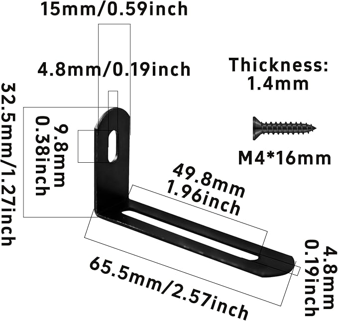 20Pcs 2.6"x1.3"x0.6"Adjustable Right Angle Brackets, Slotted L Bracket Metal 90 Degree Corner Fastener L-Shape Corner Brace Support Black Shelf Bracket