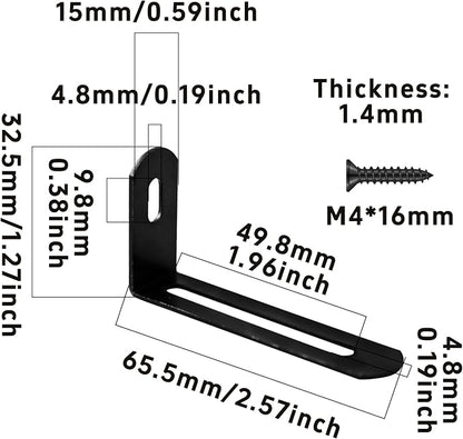 20Pcs 2.6"x1.3"x0.6"Adjustable Right Angle Brackets, Slotted L Bracket Metal 90 Degree Corner Fastener L-Shape Corner Brace Support Black Shelf Bracket