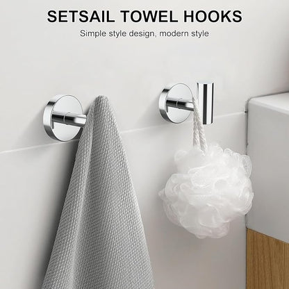 SetSail Towel Hooks for Bathrooms 4 Packs Screw-in Bathroom Towel Hook Wall Mounted Stainless Steel Shower Towel Hooks for Coat Hanging, Mirror Silver
