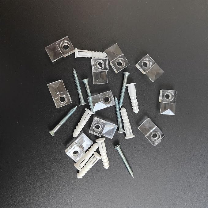 20 Set Mirror Holder Clips Kit, Glass Retainer Clips, Clear Plastic, Wall & Door Mount