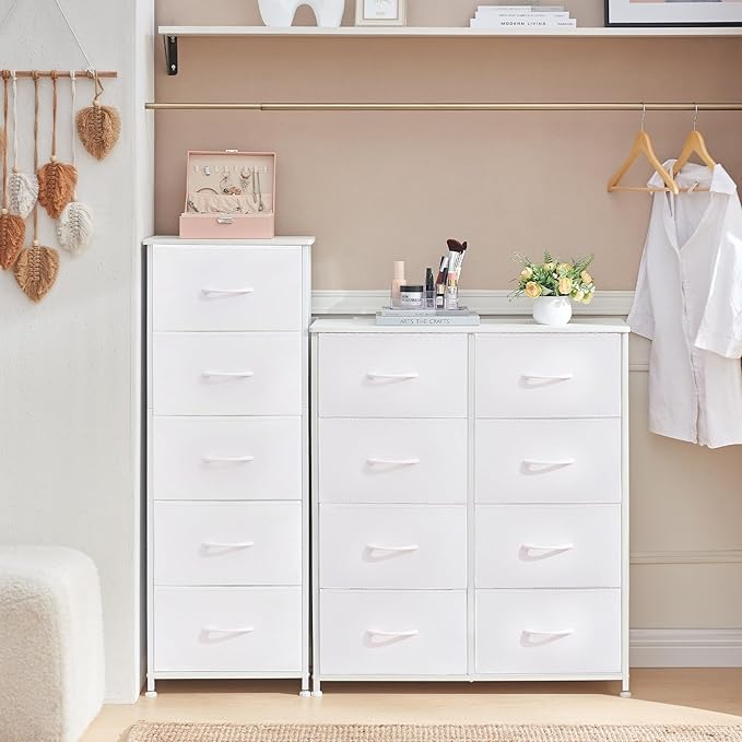 Somdot Tall Dresser for Bedroom, Chest of Drawers Storage Organizer,Steel, Non-Woven Fabric Drawers, Closet Bedside Living Room Entryway Hallway, 11.8"D x 16.5"W x 45.1"H (5 Drawers) White Leather, 1