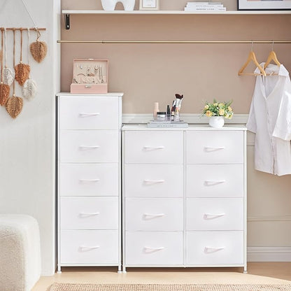 Somdot Tall Dresser for Bedroom, Chest of Drawers Storage Organizer,Steel, Non-Woven Fabric Drawers, Closet Bedside Living Room Entryway Hallway, 11.8"D x 16.5"W x 45.1"H (5 Drawers) White Leather, 1
