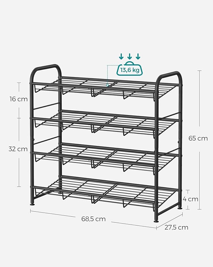 SONGMICS 4 Tier Shoe Rack, Stackable Storage Rack, Up to 16 Pairs, Metal, 68.5 x 27.5 x 65 cm, for High Heels, Sneakers, Slippers, in Entrance, Black LMR067B01