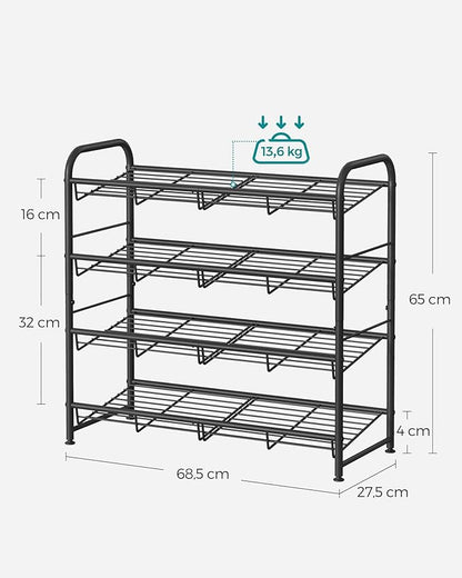 SONGMICS 4 Tier Shoe Rack, Stackable Storage Rack, Up to 16 Pairs, Metal, 68.5 x 27.5 x 65 cm, for High Heels, Sneakers, Slippers, in Entrance, Black LMR067B01