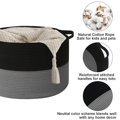115L Large Blanket Basket,23.6"L x 23.6"W x 15.7"H Rope Woven Baskets with Handles, Toys Storage Bins,Laundry Basket Perfect for Living Room, Nursery,Bedroom,Home Organization,Black&Dark Grey