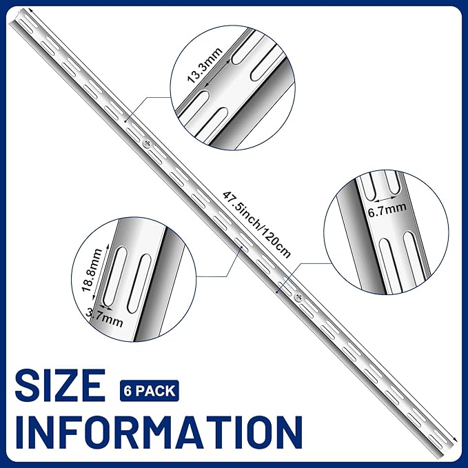 6 Pcs Dual Track Upright Wall Shelving System Heavy Duty Support System Twin Slot Shelf Rail Shelf Standards for Pantries Linen Closets Laundry Rooms(Silver,47.5 Inch)