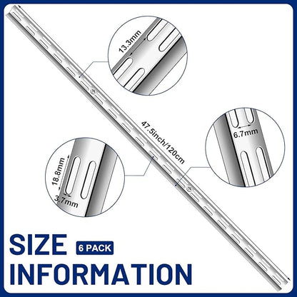 6 Pcs Dual Track Upright Wall Shelving System Heavy Duty Support System Twin Slot Shelf Rail Shelf Standards for Pantries Linen Closets Laundry Rooms(Silver,47.5 Inch)