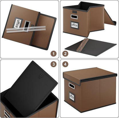Huolewa Portable Leather File Organizer Boxes with Lids, Office Document Boxes Organizer, Filing Boxes, Decorative Small File Boxes for Hanging Files with Plastic Slide for Office/Decor/Home