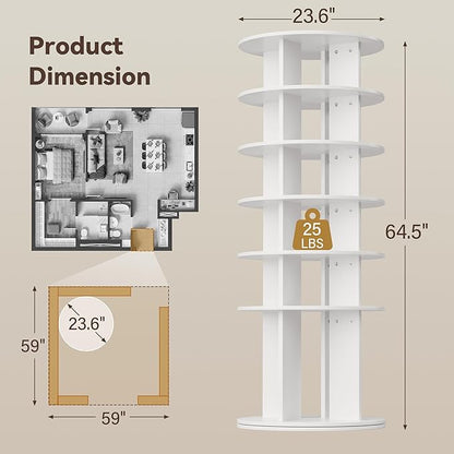 YESHOMY 6-Tier Rotating Shoe Rack Tower, 360° Spinning Vertical Shoe & Handbag Organizer with Lazy Susan Base, Space-Saving Storage for Closet, Bedroom & Entryway, White