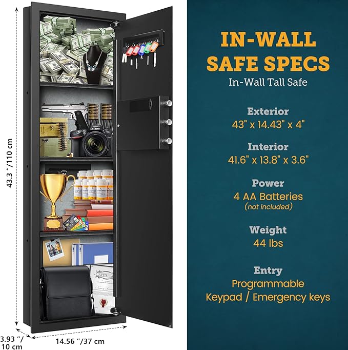 43.3'' Tall Fireproof Wall Safe Between Stud, Heavy Duty Flush In Wall Safe With Digital Keypad & Removable Shelf, Hidden Gun Safe, Security Home Wall Safes For Storage Firearms Money Medicine