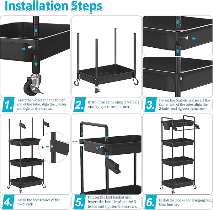 SPACEKEEPER Rolling Storage Cart, 4-Tier Bathroom Organizer Utility Cart Laundry Room Organization Mobile Shelving Unit with Towel Rack, Lockable Wheel, Hooks & Cup for Kitchen Bedroom Office, Black