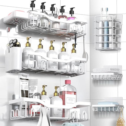 Shower Caddy Adhesive Shower Organizer 8-Pack, Rustproof Stainless Steel Bathroom Shelves, Large Capacity No-Drill Rack Storage Accessories with Soap Dish Toothbrush Holder Hooks