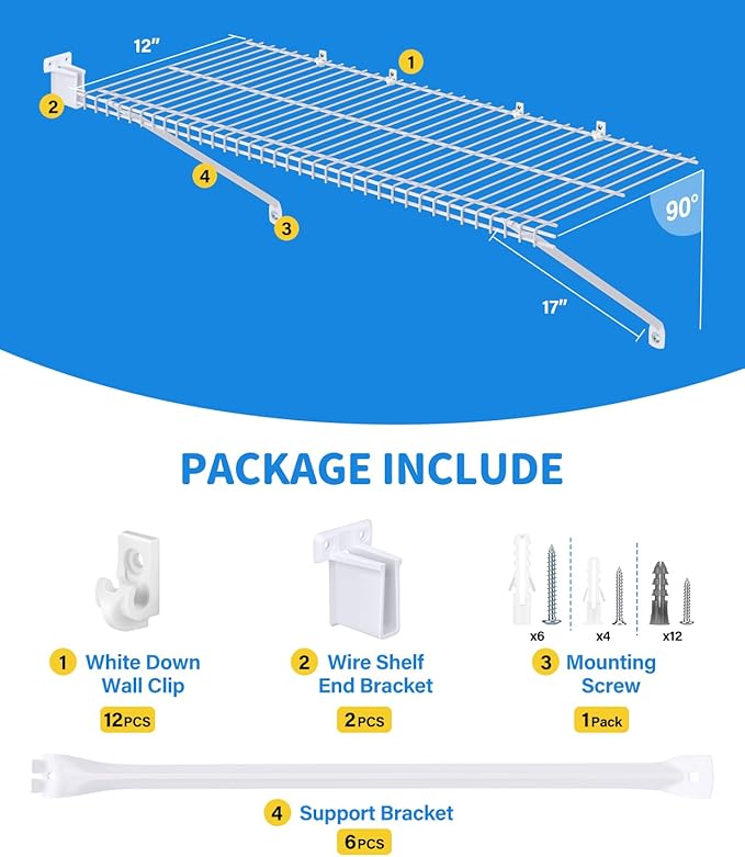 6 Pack 12 Inch Wire Shelf Brackets Set, Closet Maid Support Brackets with Anchors and Screws, Wire Closet Shelving Accessories with 12 PCS Wire Shelf Clips for Wardrobe and Wall Bracket