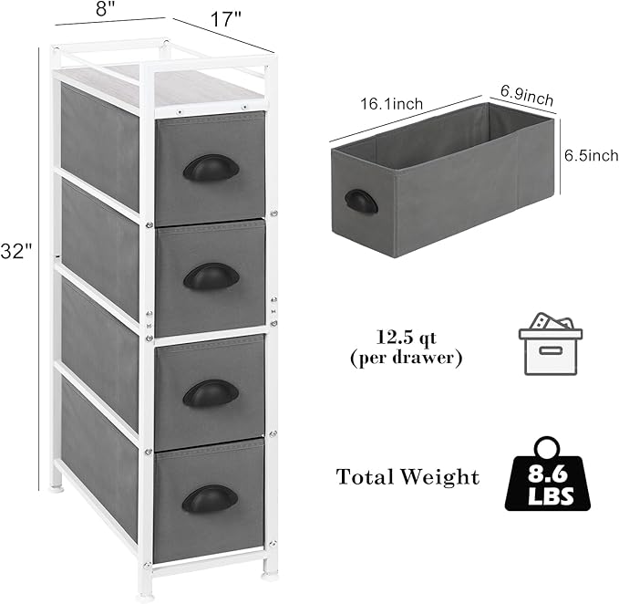 HAITRAL Narrow Dresser - 4 Drawers Slim Fabric Storage Cabinet - Vertical Standing Storage Chest - Gaps Tower Organizer with Removable Drawers and Wooden top for Laundry,Closet,Living Room,Entryway