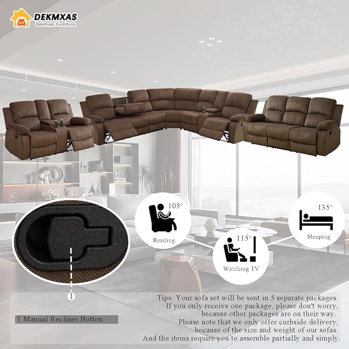 Living Room Furniture Sets, Brown Corduroy Reclining Sectional Corner Sofa with Reclining Sofa Loveseat with Drop-Down Table, Cup Holder and Storage Console for Bedroom, Office