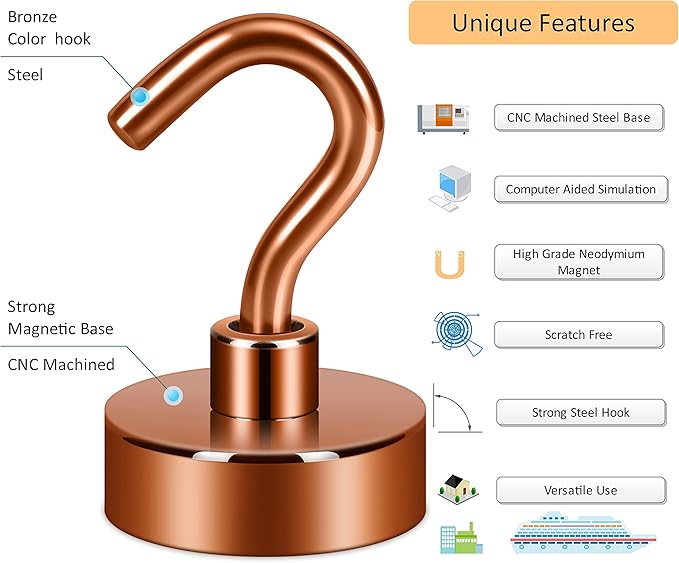 Neosmuk Magnetic Hooks, Heavy Duty 40lb+ Strong Magnet Hook for Cruise Cabins, Cruise Ship Essentials for Hanging, Metal Wall Refrigerator Hangers (Bronze, 10 Pack)
