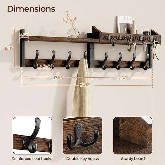 Evermagin 35" Coat Rack Wall Mount with Shelf, 4 in 1 Coat and Key Hanger with 13 Metal Hooks, Entryway Wall Mounted Shelf with Mail Holder for Living Room, Bedroom, Rustic Brown