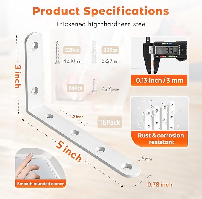 WINKER Corner Brace 16Pcs Shelf Bracket Heavy Duty White Steel L WINKER Corner Brace, Decorative Joint Angle Bracket for Shelf 5 InchX3 Inch Shelves Wall Hanging Bracket with Screws(16PCS))