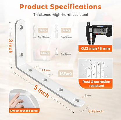 WINKER Corner Brace 16Pcs Shelf Bracket Heavy Duty White Steel L WINKER Corner Brace, Decorative Joint Angle Bracket for Shelf 5 InchX3 Inch Shelves Wall Hanging Bracket with Screws(16PCS))