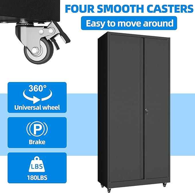 Garage Storage Cabinet with 4 Wheels,Lockable Tool Cabinets with Pegboard and 4 Adjustable Shelves,71" H Broom Closet Cabinets for Utility Room,Workshop,Black