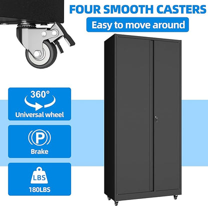 Garage Storage Cabinet with 4 Wheels,Lockable Tool Cabinets with Pegboard and 4 Adjustable Shelves,71" H Broom Closet Cabinets for Utility Room,Workshop,Black