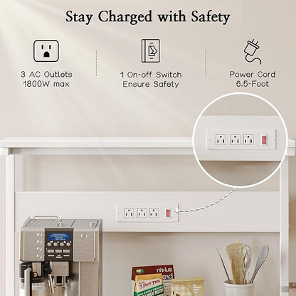 SUPERJARE Bakers Rack with Power Outlets, Microwave Stand, 31.5 X 16.5 Inch Larger Desktop, Kitchen Storage Rack with Adjustable Middle Shelf, 6 S-Shaped Hooks, Coffee Bar Stand, White