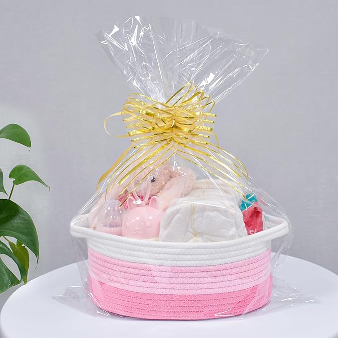 ABenkle Small Basket with Gift Bags and Ribbons, Empty Gift Baskets for Mother's Day, Decorative Boho Rope Woven Nursery Storage Organizer Toy Baskets with Handle for Baby Showers, 12"X 8" X 5"
