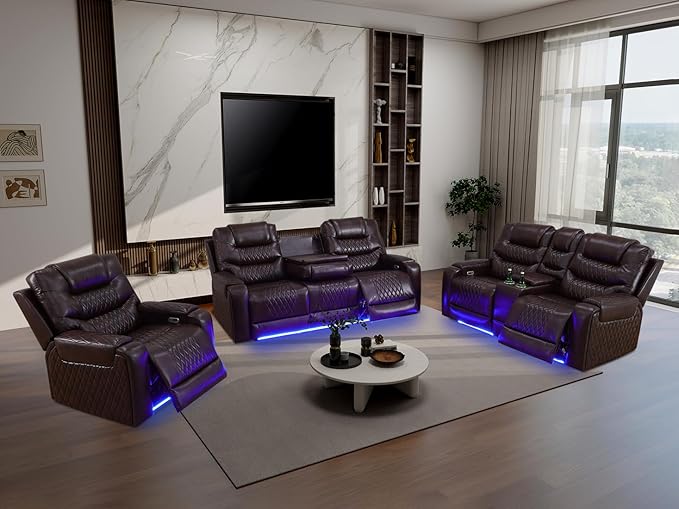 Living Room Furniture Sets, 3-Piece Power Reclining Breathing Leather Sofa Set with Storage Console, 5 Power Recliner Seats/Cup Holder/LED Light/USB Port for Living Room Sofa, Office