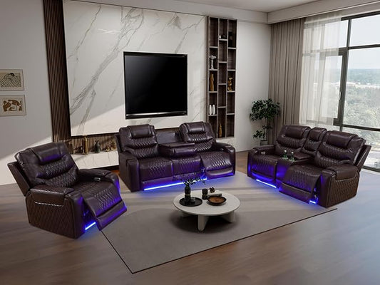 Living Room Furniture Sets, 3-Piece Power Reclining Breathing Leather Sofa Set with Storage Console, 5 Power Recliner Seats/Cup Holder/LED Light/USB Port for Living Room Sofa, Office